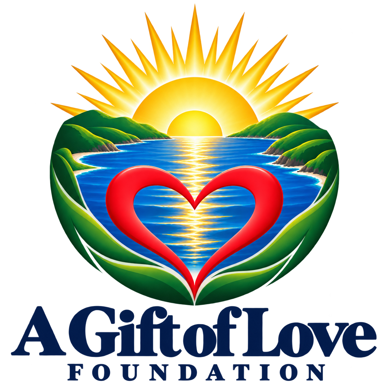 A Gift of Love Foundation logo: a red heart over ocean waters between green coasts, illuminated by a golden sunrise.